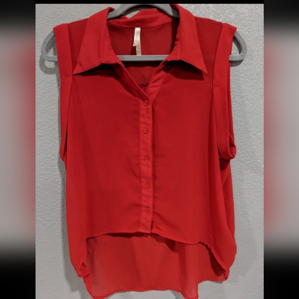 Women's Red Sheer Fashion Top Blouse Businesscasual Romantic Patriotic